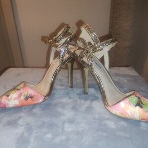 Steve Madden Pink Floral Heels w/ Glitter Ankle Straps Sz 8.5
